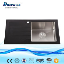 China Famous Band Fossil Supplier Black Glass Panel Folding Deep Bowl Large Capacity Kitchen Sink